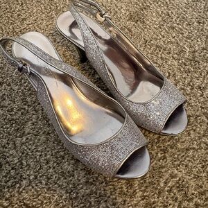 Nina Silver Glitter Slingback Peep-Toe Heels